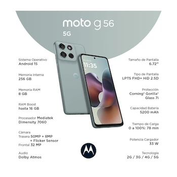 Imagen 4 de Motorola Moto G56 5G Smartphone 256GB Almacenamiento 8GB RAM + 16GB Virtual Gris Desbloqueado
