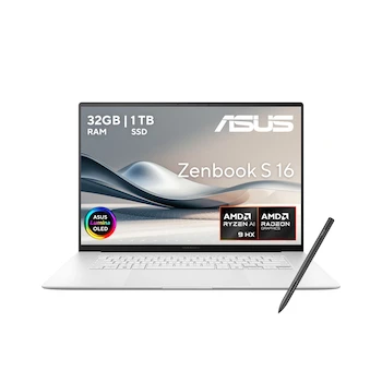 Imagen de referencia para Asus Zenbook S 16 Laptop 16" OLED AMD Ryzen AI 9 HX 370 AMD Radeon Graphics 32GB RAM 1TB SSD Blanco