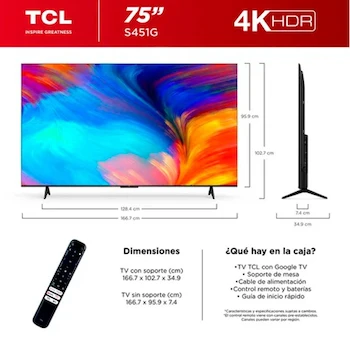 Imagen 4 de Pantalla TCL 75 Pulgadas Modelo 75S451G Serie S4 4K UHD LED Smart TV con Google TV