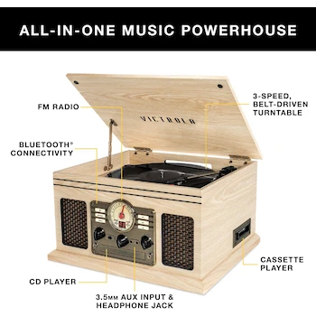 Imagen 2 de Victrola VTA-200B-MAH Mahogany Nostalgic 6-in-1 Bluetooth Record Player Multimedia Center with Turntable CD Cassette FM Radio