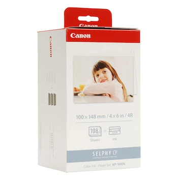Imagen de referencia para Set de Tinta Color y Papel Fotográfico Canon KP-108IN con Cartucho de Tinta y 108 Hojas Tamaño Postal 4x6 Pulgadas