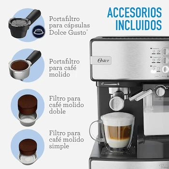 Imagen 2 de Cafetera Automática Oster PrimaLatte BVSTEM6603SS de Acero Inoxidable para 2 Tazas