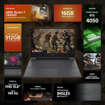 Imagen 2 de HP Victus 15-fb3093dx Gaming Laptop AMD Ryzen 7 8845HS 16GB RAM 512GB SSD NVIDIA GeForce RTX 4050 15.6" FHD Mica Silver Windows 11 Home English Keyboard