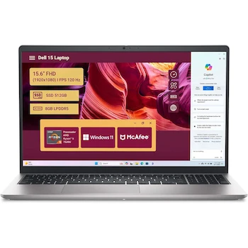 Imagen alusiva al producto Laptop Dell Inspiron 15 Modelo DC15255 Pantalla 15.6 Pulgadas Resolución Full HD 1920x1080 Procesador AMD Ryzen 5 7520U Memoria RAM 8GB Almacenamiento 512GB SSD Sistema Operativo Windows 11 Home en Español Color Negro