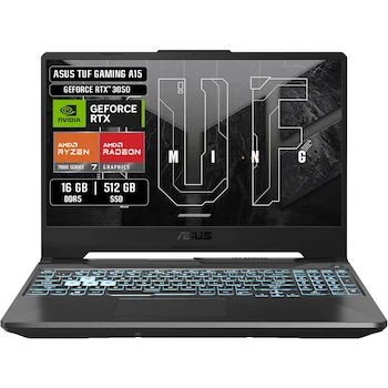 Imagen alusiva al producto ASUS TUF Gaming A15 FA506NCG-HN199W 15.6" Mecha Gray Laptop AMD Ryzen 7 7445HS NVIDIA GeForce RTX 3050 16GB RAM 512GB SSD