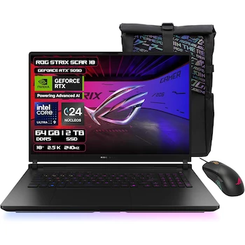 Imagen alusiva al producto ASUS ROG Strix Scar 18 2025 Gaming Laptop, 18-inch, Intel Core Ultra 9, NVIDIA GeForce RTX 5090, 64GB RAM, 2TB SSD, Includes ROG Backpack and ROG Mouse, Spanish Keyboard