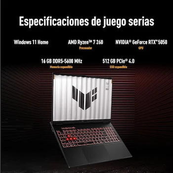 Imagen 3 de ASUS TUF Gaming A16 2025 Laptop AMD Ryzen 7 260 NVIDIA GeForce RTX 5050 8GB GDDR7 16GB RAM 512GB SSD NPU IA 16+ TOPS Teclado Español Garantía México