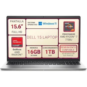Imagen de referencia para Laptop Dell 15 DC15255 15.6" Full HD AMD Ryzen 7 7730U 16GB RAM 1TB SSD Windows 11 Home