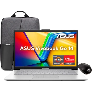 Imagen alusiva al producto ASUS Vivobook Go 14 E1404FA-NK480W AMD Ryzen 5-7520U 8GB RAM 512GB SSD Plata Windows 11 con Mouse y Mochila Teclado en Español Garantía en México