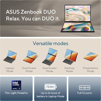 Imagen 2 de ASUS Zenbook DUO UX8406CA-PS99T Dual 14" OLED 3K Touchscreen Laptop Intel Core Ultra 9 285H 32GB RAM 1TB SSD Windows 11 Inkwell Gray