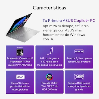 Imagen 4 de ASUS Vivobook S15 OLED Laptop 15.6" 3K Qualcomm Snapdragon X Plus 16GB RAM 512GB SSD Plata con Mochila