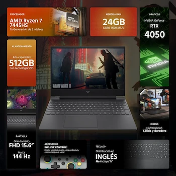 Imagen 2 de HP Victus 15.6" Laptop AMD Ryzen 7 7445HS NVIDIA GeForce RTX 4050 24GB RAM 512GB SSD Windows 11 Home English Keyboard + DXT Controller