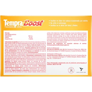 Imagen 3 de Tempra Boost Analgésico con Paracetamol 500 mg y Cafeína 65 mg Caja con 12 Tabletas