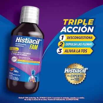 Imagen 4 de Histiacil FAM Jarabe para la Tos Adultos Sabor Fresa 140 ml para Adultos y Niños Mayores de 15 Años
