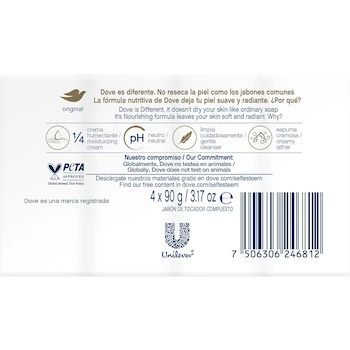 Imagen 3 de Jabón en Barra Dove Original, Paquete de 4 Piezas de 90 Gramos Cada Una, ASIN B0106HX4MW