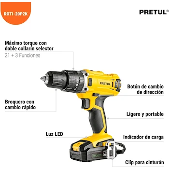 Imagen 2 de Pretul ROTI-20P2K Kit de Rotomartillo Inalámbrico 1/2" 20V con 1 Batería Ion Litio 2 Ah y 32 Accesorios