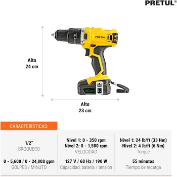 Imagen 3 de Pretul ROTI-20P2K Kit de Rotomartillo Inalámbrico 1/2" 20V con 1 Batería Ion Litio 2 Ah y 32 Accesorios
