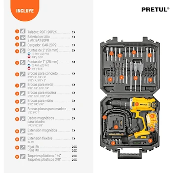 Imagen 4 de Pretul ROTI-20P2K Kit de Rotomartillo Inalámbrico 1/2" 20V con 1 Batería Ion Litio 2 Ah y 32 Accesorios