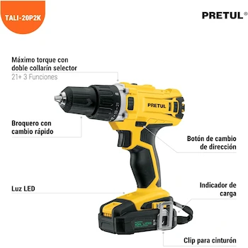 Imagen 2 de Kit de Taladro Inalámbrico Pretul TALI-20P2K de 1/2 Pulgada 20V con 1 Batería Ion Litio y 32 Accesorios