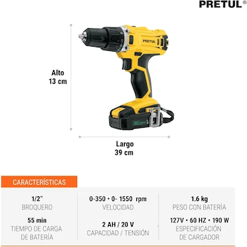 Imagen 3 de Kit de Taladro Inalámbrico Pretul TALI-20P2K de 1/2 Pulgada 20V con 1 Batería Ion Litio y 32 Accesorios