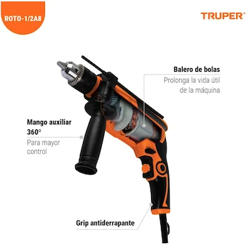Imagen 3 de Rotomartillo Profesional Truper ROTO-1/2A8 de 1/2 Pulgada 750W Color Naranja