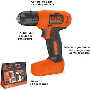 Imagen 5 de BLACK+DECKER LD008KA Taladro Atornillador Inalámbrico 3/8” (10mm) 8V con 54 Accesorios y Bolsa para Herramientas