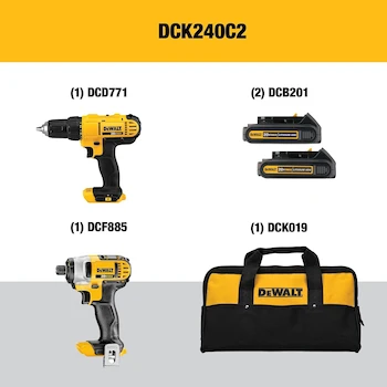 Imagen 2 de DEWALT 20V MAX Cordless Drill/Driver and Impact Driver Combo Kit Model DCK240C2 with DCD771 1/2-Inch Drill/Driver, DCF885 1/4-Inch Impact Driver, Two 1.3Ah Batteries, Charger, and Contractor Bag in Yellow/Black
