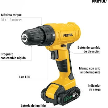 Imagen 2 de Taladro Inalámbrico Pretul TALI-12PK2 12V 3/8" con Accesorios y Estuche