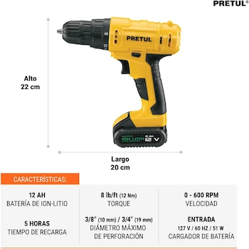 Imagen 3 de Taladro Inalámbrico Pretul TALI-12PK2 12V 3/8" con Accesorios y Estuche