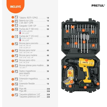 Imagen 4 de Taladro Inalámbrico Pretul TALI-12PK2 12V 3/8" con Accesorios y Estuche