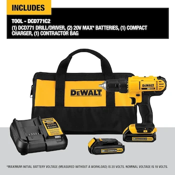 Imagen 2 de DeWALT DCD771C2 Kit de Taladro Inalámbrico Compacto de 1/2 Pulgada 20V MAX Ión de Litio con 2 Baterías, Cargador y Estuche Negro y Amarillo