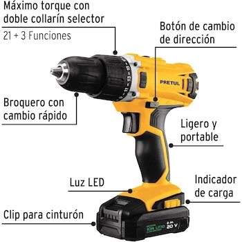 Imagen 2 de Taladro Inalámbrico Pretul TALI-20P2 1/2" 20V con 1 Batería Ion Litio 2Ah