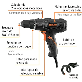 Imagen 2 de Taladro Atornillador Industrial Truper TALA-3/8N de 3/8 Pulgadas 400 Watts 127V 60Hz
