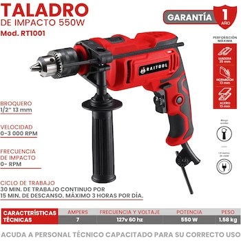 Imagen 5 de Taladro Rotomartillo de Impacto Eléctrico 550W con Broquero de 1/2 Pulgada y Mango Auxiliar