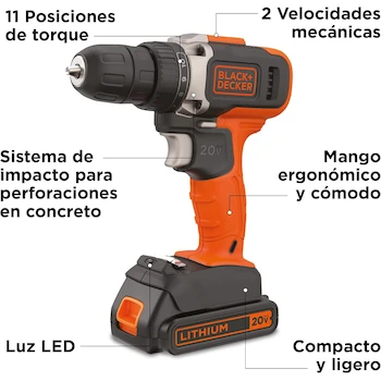 Imagen 2 de BLACK+DECKER Taladro Inalámbrico Atornillador 3/8" (10mm) 20V Máx BCD703C1