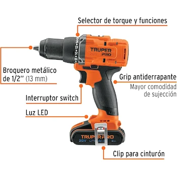 Imagen 2 de Taladro Inalámbrico Truper PRO Modelo TALI-20A2 de 1/2 Pulgada 20 Voltios con Motor Brushless Incluye 1 Batería de 2 Ah y 1 Cargador