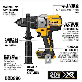 Imagen 4 de DEWALT Taladro Percutor Atornillador Inalámbrico 1/2" (13mm) 20V MAX XR Solo Herramienta DCD996B