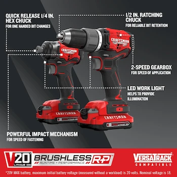 Imagen 3 de CRAFTSMAN V20 RP CMCK211C2 Kit Combinado de Taladro Inalámbrico y Destornillador de Impacto Rojo con 2 Baterías y Cargador