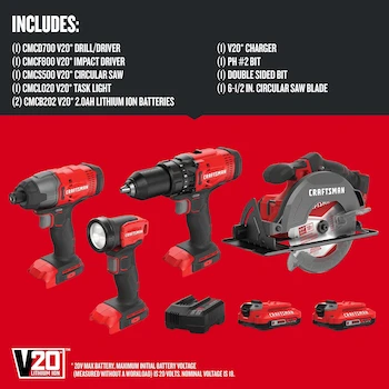 Imagen 3 de CRAFTSMAN V20 Kit de Herramientas Inalámbricas 20V con Taladro Atornillador, Sierra Circular, Atornillador de Impacto, Linterna y 2 Baterías Modelo CMCK401D2