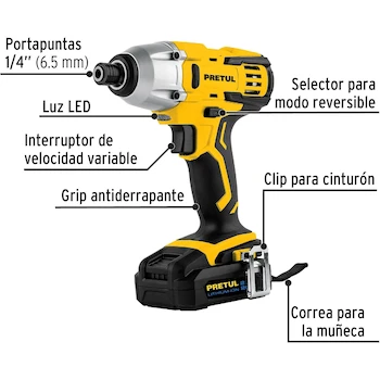 Imagen 2 de Pretul DIMI-20P Destornillador de Impacto Inalámbrico 1/4" 20V con 1 Batería de 2 Ah