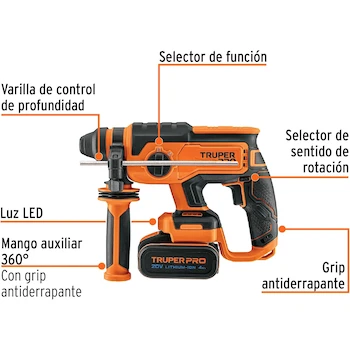 Imagen 2 de Rotomartillo SDS Plus Inalámbrico Truper PRO ROEI-20A 20V Brushless con Batería de 4 Ah y Cargador