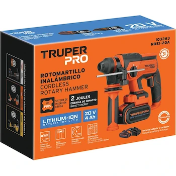 Imagen 4 de Rotomartillo SDS Plus Inalámbrico Truper PRO ROEI-20A 20V Brushless con Batería de 4 Ah y Cargador