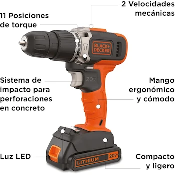 Imagen 2 de BLACK+DECKER BCD704C1-B3 Taladro Atornillador de Impacto Inalámbrico 20V 3/8" con Batería de Litio 1.5Ah y Cargador