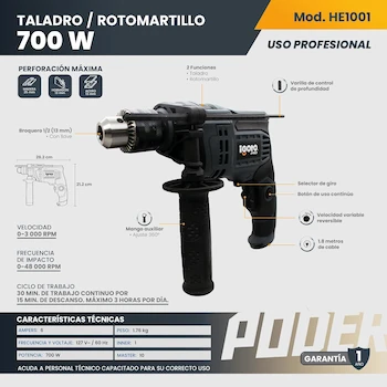 Imagen 4 de Taladro Rotomartillo 700 W Profesional 127 V 60 Hz Broquero ½’’ 13 mm con Mango Auxiliar