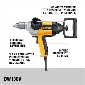 Imagen 3 de DEWALT DW130V Taladro Eléctrico 1/2" 13mm 9.0Amp 710W Amarillo con Mango Lateral