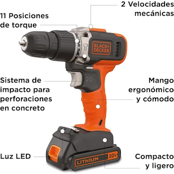 Imagen 2 de BLACK+DECKER BCD704C1 Taladro Inalámbrico Atornillador 20V Máx con 1 Batería y Cargador