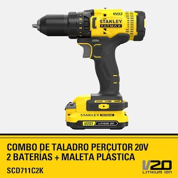 Imagen 2 de STANLEY FATMAX SCD711C2K Taladro Percutor Inalámbrico 20V Amarillo/Negro con 2 Baterías de Litio 1.5Ah, Cargador y Maletín