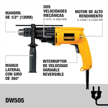Imagen 3 de DEWALT DW505-B3 Taladro Percutor 1/2 Pulgada 800W VVR Amarillo/Negro