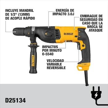 Imagen 2 de DEWALT Rotomartillo Cincelador SDS Plus 1-1/8" (28mm) Modelo D25134K Amarillo y Negro con Caja de Herramientas