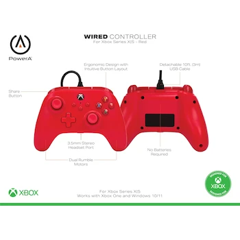 Imagen 3 de PowerA Mando con Cable para Xbox Series X|S, Xbox One y PC - Rojo Edition, Gamepad, Controlador para Videojuegos Cableado, Licencia Oficial de Xbox